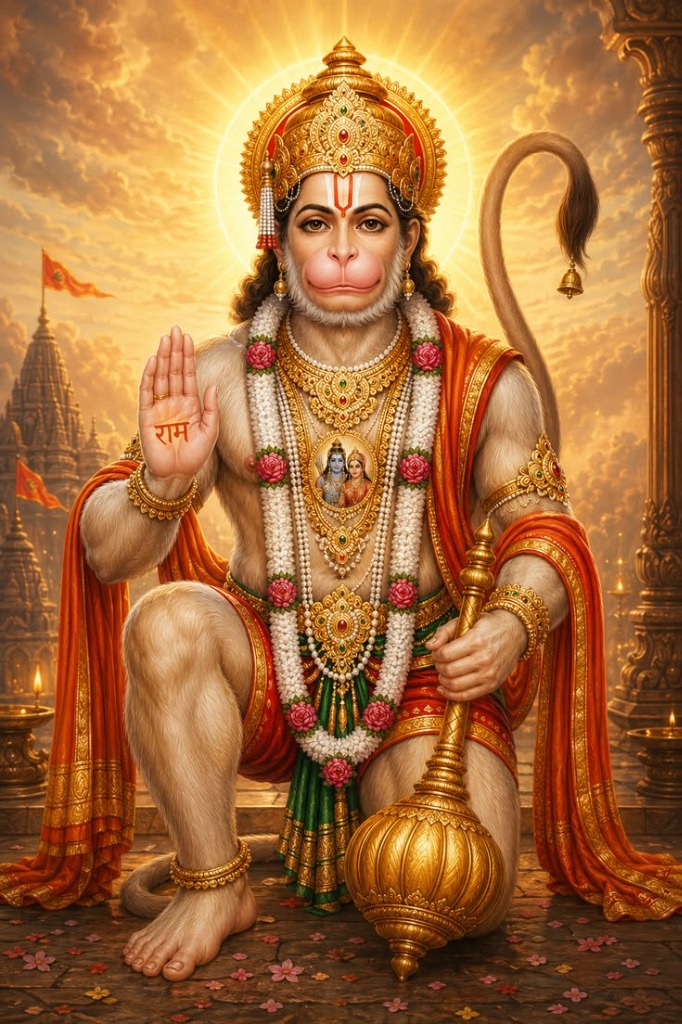 Divine Photograph of Lord Hanuman with golden crown, gada, and blessings