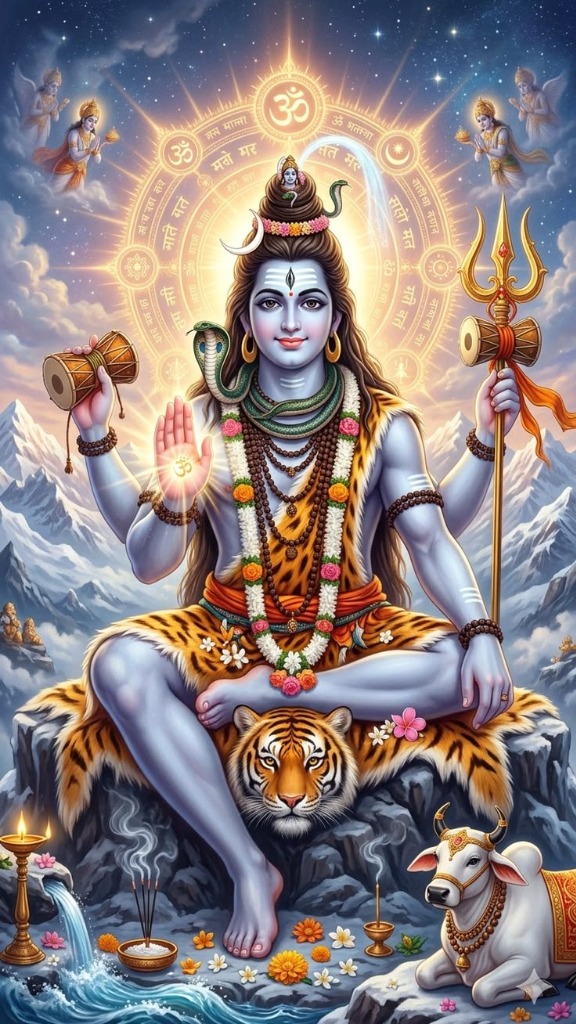 Divine Photograph of Lord Shiva in meditation with Trishul, Damru, crescent moon, and Nandi